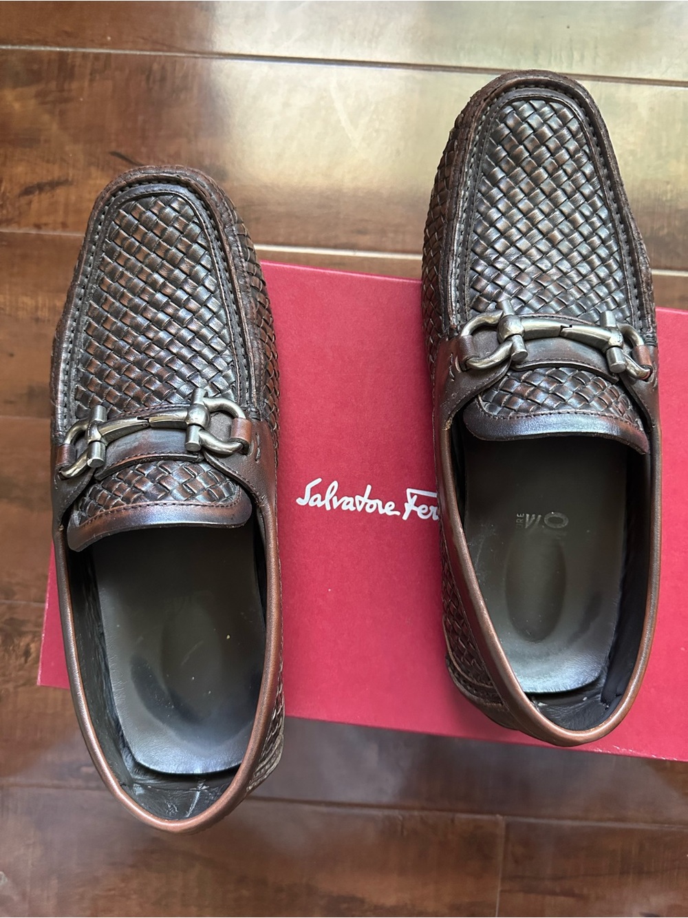 Salvatore Ferragamo Men’s Dark Brown Woven Leather Bit Loafers